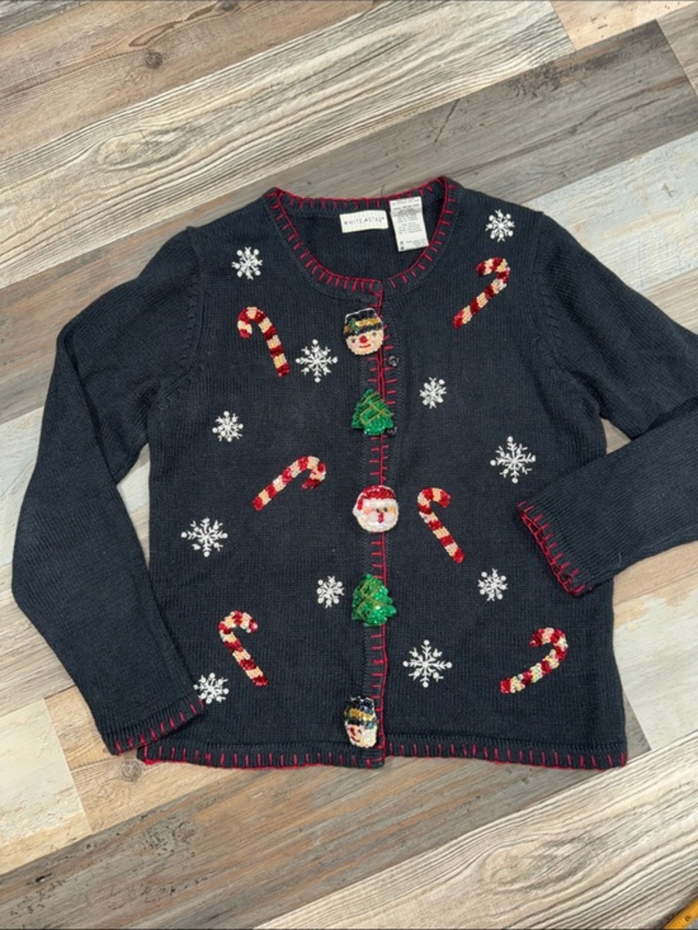 White Stag Black Christmas Cardigan with Candy Cane, Snowflake, and Santa